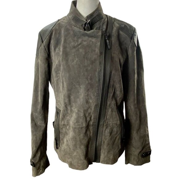 QUEEN COLLECTION Women Suede Jacket Size M Gray Leather Moto Zip Front Luxury - Picture 2 of 16